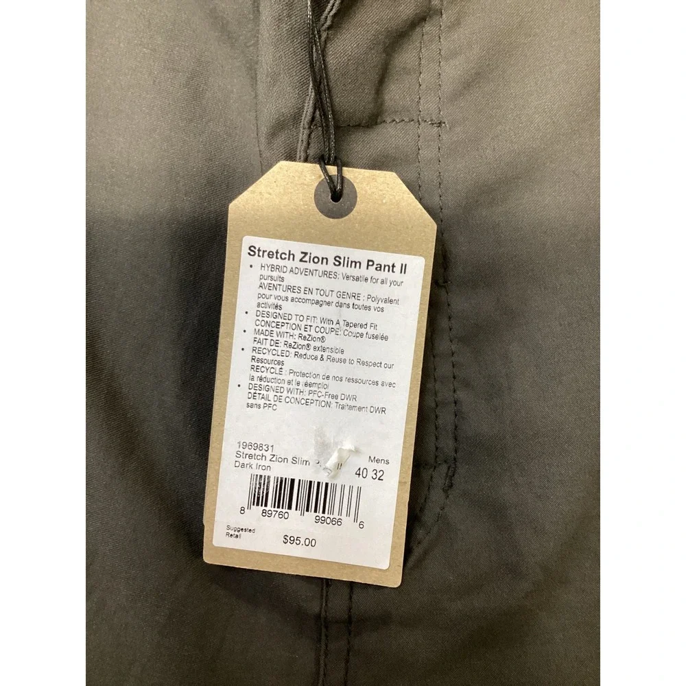 Prana‎ Stretch Zion Slim Pant II Mens 40x32 Dark Iron Gray Tapered Hiking